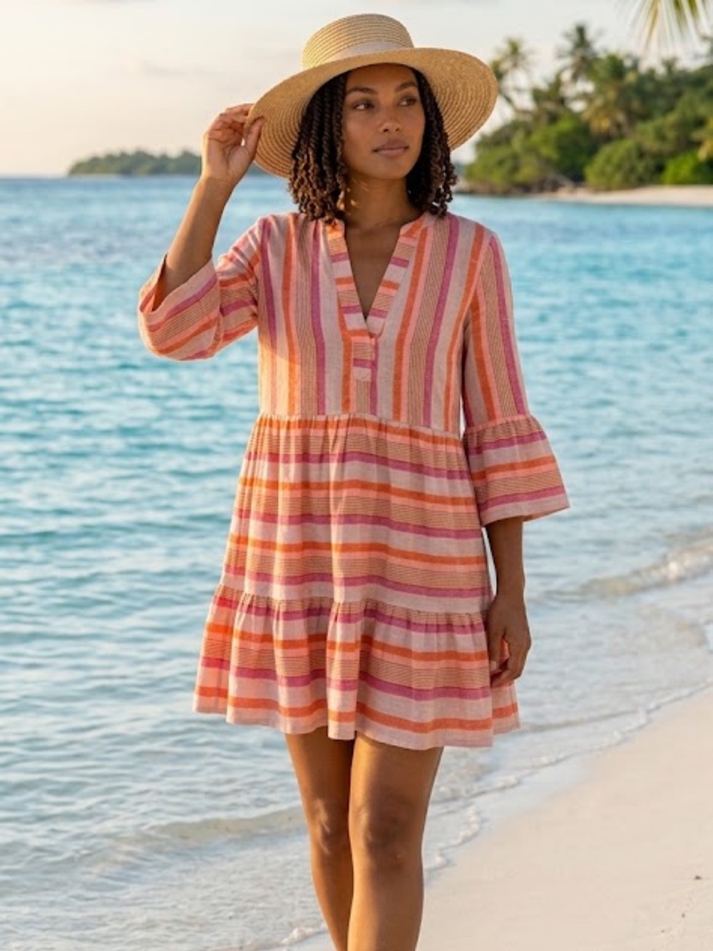 Boden Women’s 8 Striped Linen Tiered Mini Dress Bell Sleeve Boho Coastal
R